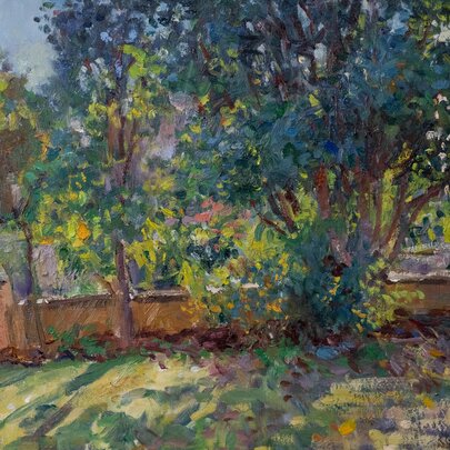 An impressionist-style painting of a blueish street tree in front of a house with a low fence. 