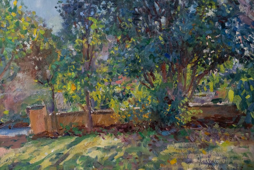 An impressionist-style painting of a blueish street tree in front of a house with a low fence. 