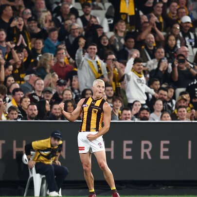 A Hawthorn AFL player celebrating on the field near the boundary, after having scored, with blurred fans in the stadium in the background.