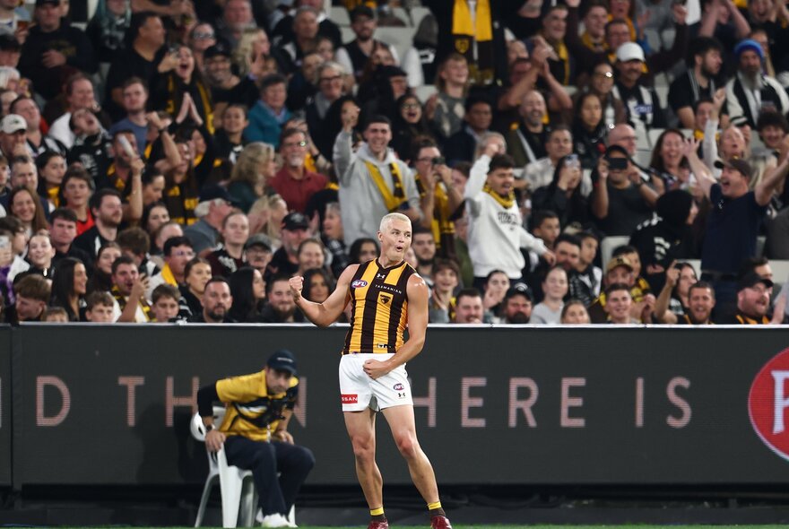 A Hawthorn AFL player celebrating on the field near the boundary, after having scored, with blurred fans in the stadium in the background.