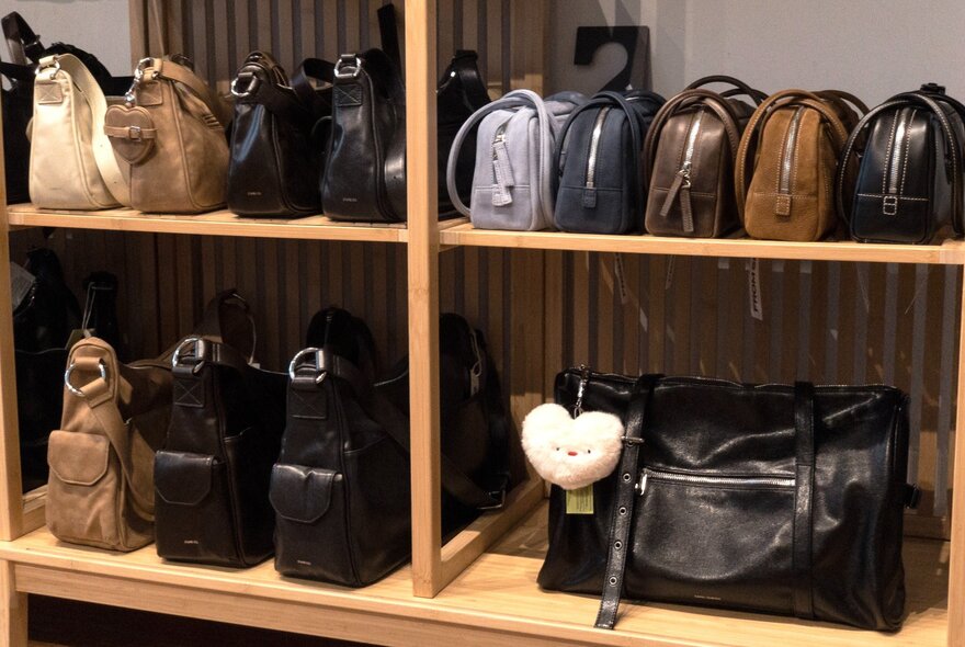 Rows of colour-coded leather handbags displayed on a wooden shelf in a shop.