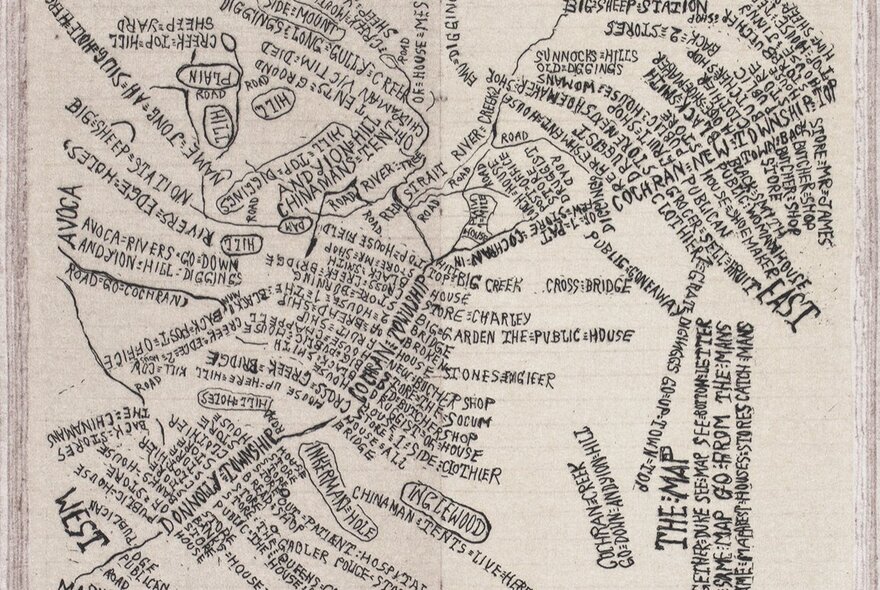 An artwork depicting a hand-drawn map with handwritten place names.