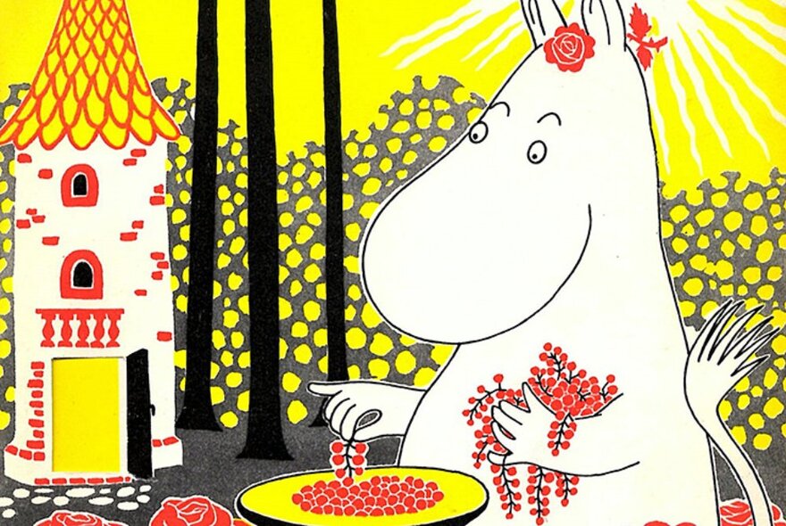 Yellow, red, black and white drawing of a character from the Moomintroll books, picking red berries off a yellow plate, with trees and a tall building in the background.