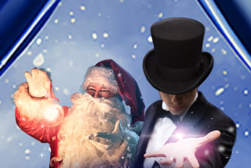 Santa Claus and a magician wearing a top hat, his hand oustretched holding a sparkle, snowflakes in the background.