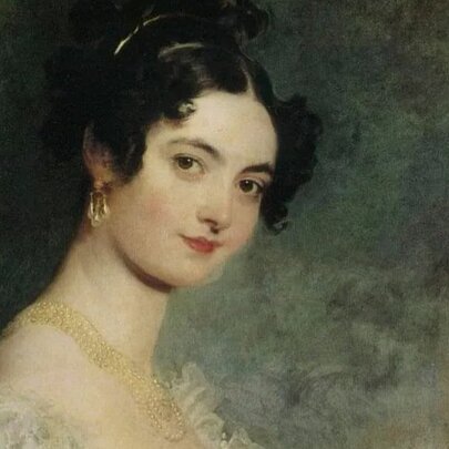 Regency portrait of a woman with curled dark hair and long neck with necklace and lace.