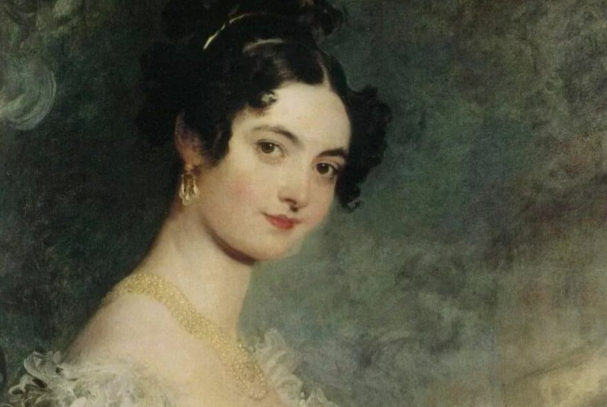 Regency portrait of a woman with curled dark hair and long neck with necklace and lace.