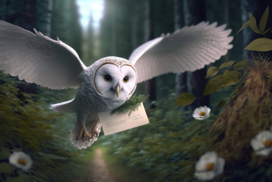 Hedwig the owl flying with a letter through a forest. 