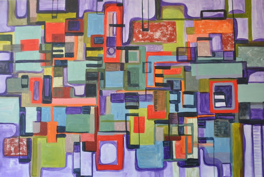 An abstract artwork that is a series of colourful and different-sized squares overlayed on top of each other in a seemingly random pattern.