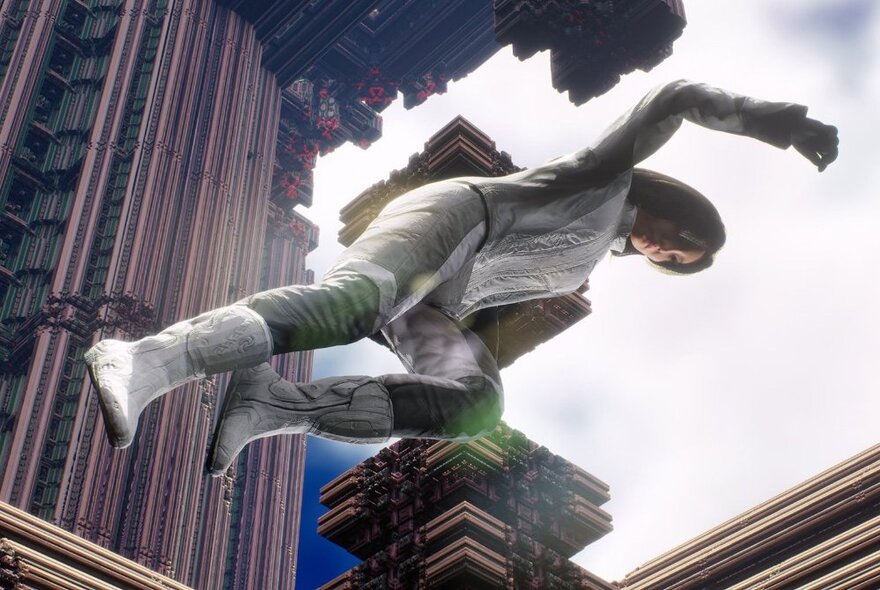 Looking up from ground view at a person jumping off a futuristic building. 