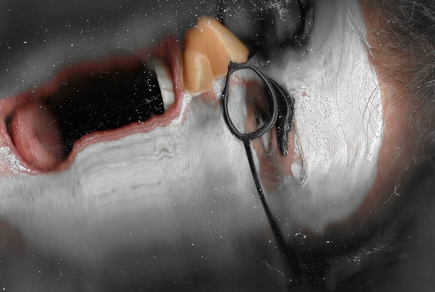 A distorted and elongated face that is covered in white paint or foam, their mouth is wide open, the nose looks like a fake prosthetic and they wear glasses.