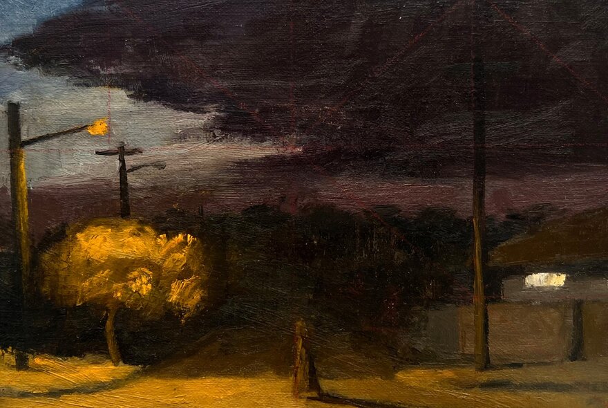 An oil panting of a darkened street by night, storm clouds in the distance and a solitary tree lit by a street light.