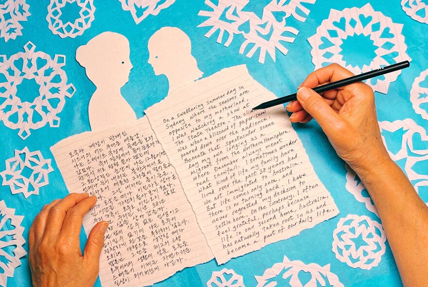 Hands holding a black pen over two pages of writing on pieces of paper with figure cutouts.