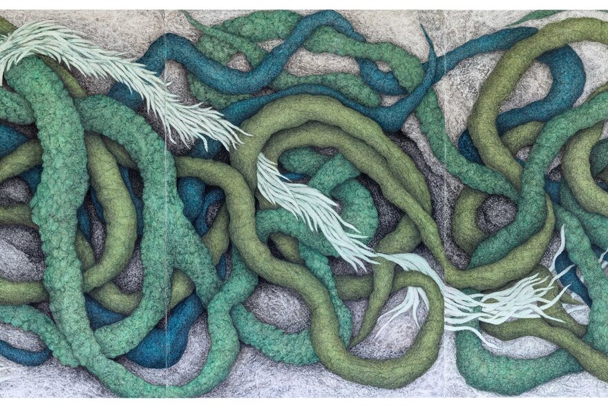 An intricate drawing of thick, intertwined, rope-like tendrils in various shades of green and blue, with some white, feathery elements. 