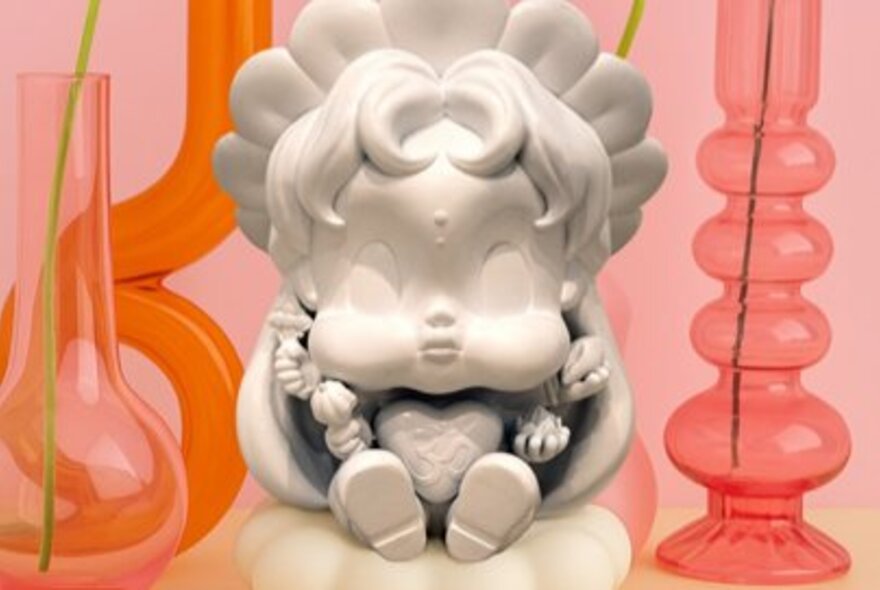 Artwork featuring a clay doll with puffy cheeks sitting surrounded by glass vases in shades of pink and orange. 