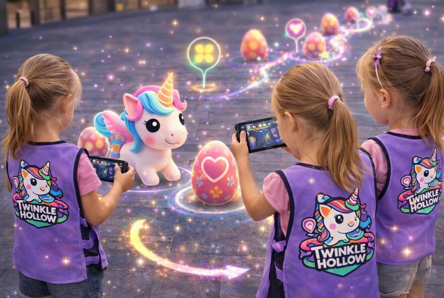 Three young girls seen from behind, all wearing purple vests and holding augmented reality devices, standing in front of digital image of a cute unicorn and brightly coloured Easter eggs, that displays as part of an augmented reality game for families.