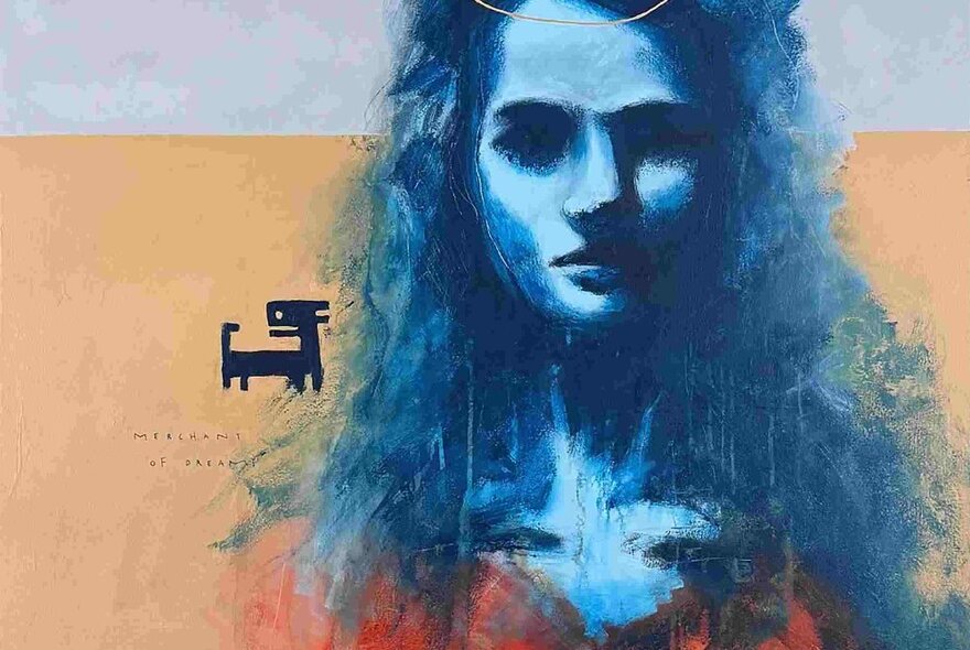 Painting of a person's face, with long hair in shades of blue, in the background is a black angular creature on a sandy coloured background.
