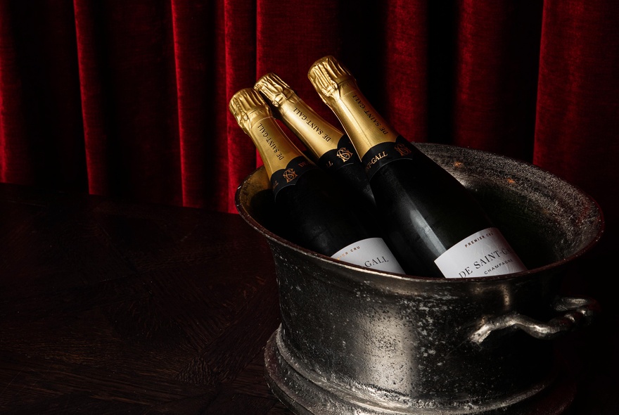 Bottles of foil-topped bubbles in an ice bucket.
