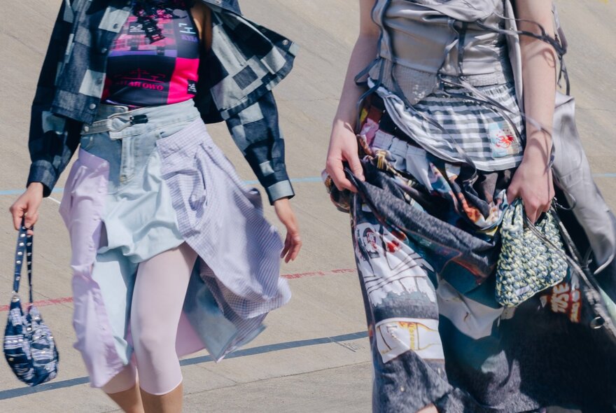 Models wearing loosely draped dress and skirt ensembles.