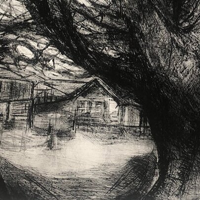 A drypoint etching in monotones depicting a cottage in the background and a tree in the foreground.