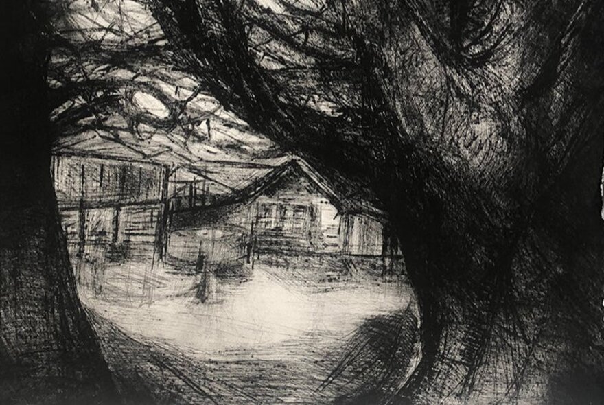 A drypoint etching in monotones depicting a cottage in the background and a tree in the foreground.