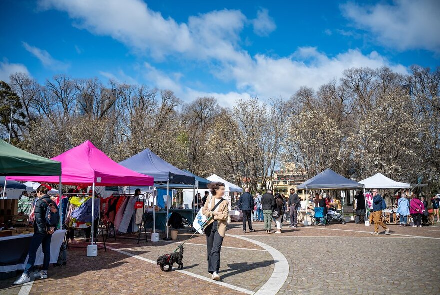 People browsing market stalls in a square surrounded by trees.