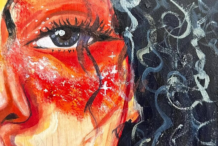 Detail of a portrait of a woman with red shaded features.