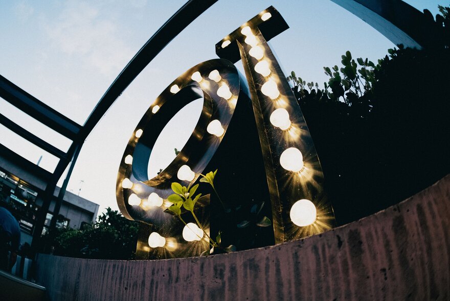 A garden enviroment with a large QT made out of lightbulbs.