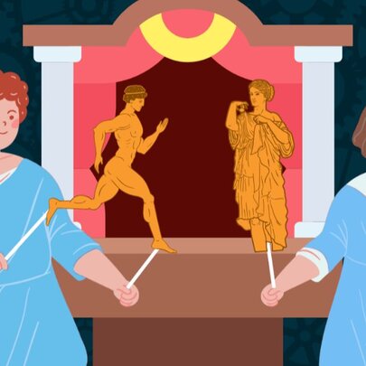 A cartoon style drawing of two people dressed in blue and white togas holding classical Greek hand puppets in front of a stage.