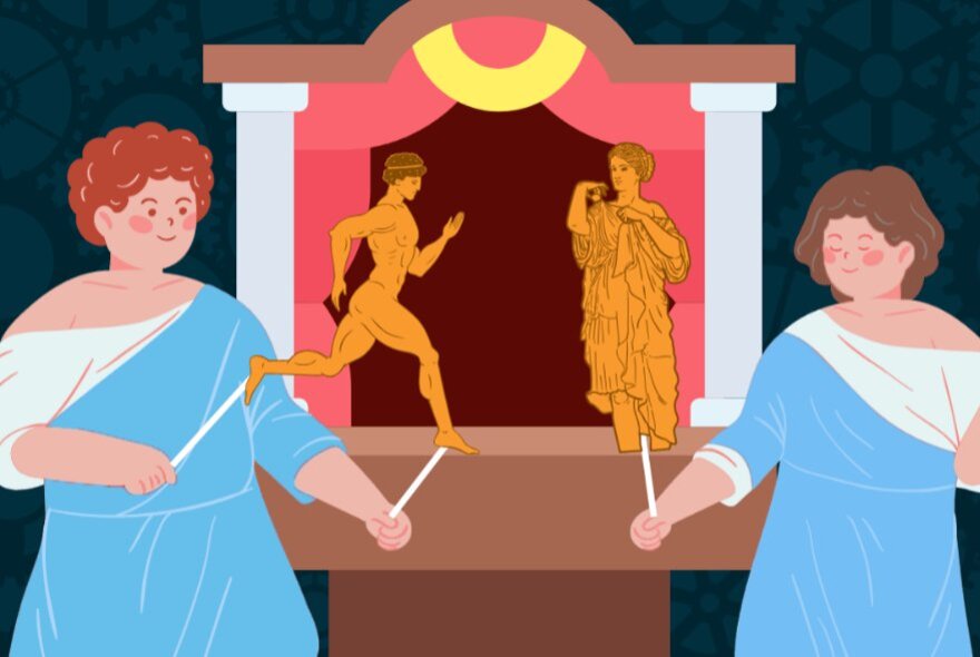 A cartoon style drawing of two people dressed in blue and white togas holding classical Greek hand puppets in front of a stage.