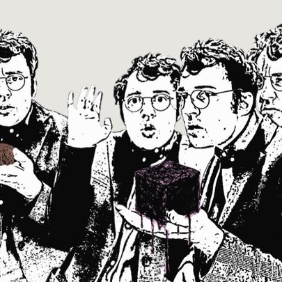 Drawings of a spectacled man holding a black box, looking confused.