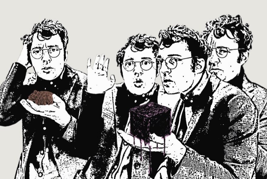 Drawings of a spectacled man holding a black box, looking confused.