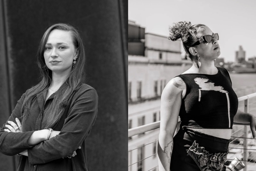 Two black and white portraits side by side, one of curator, Sophie Prince, arms crossed as she looks at the camera, and the other of artist, Tourmaline, in sunglasses looking up at the sky.