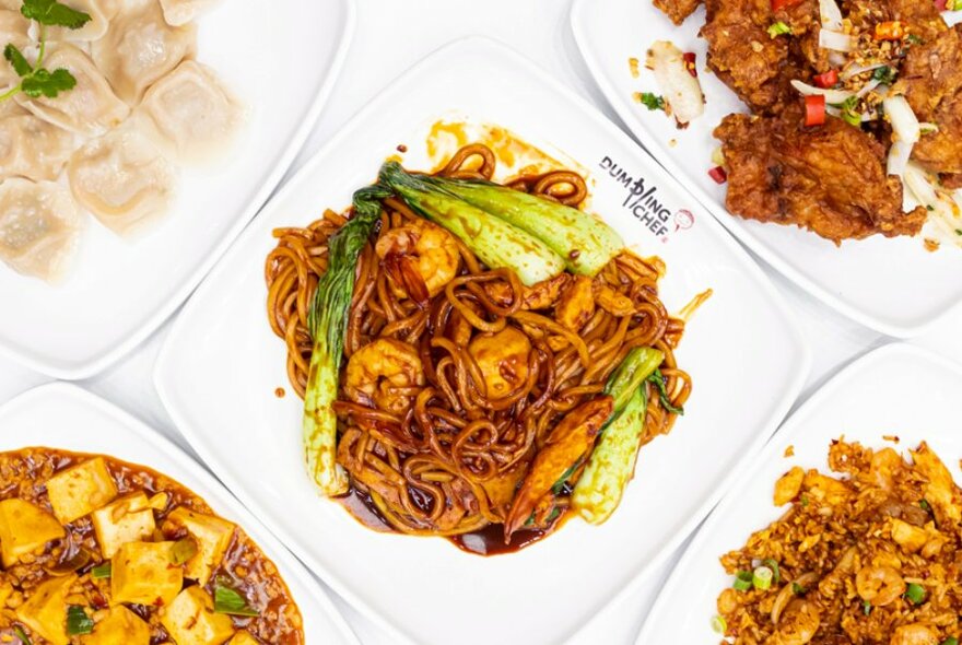 Looking down on plates of dark noodles and dumplings.