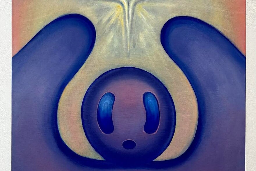 Artwork with a blobby blue character with arms up and a surprised expression. 