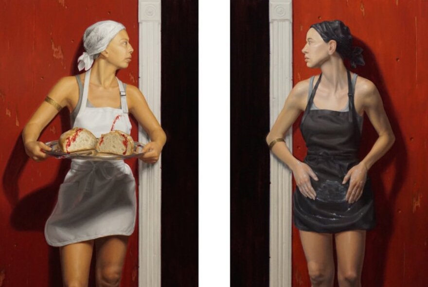 Artwork depicting two people, one in a black short apron, the other in a white apron, standing against a red wall  with their heads turned and facing each other, one person carrying a tray with two loaves of bread on it.