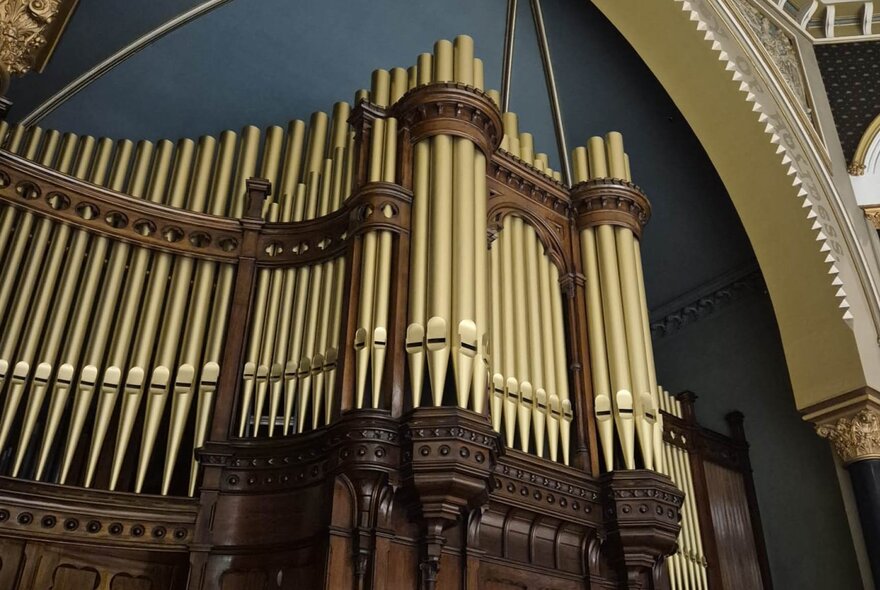 The grand pipe organ inside St Michael's Uniting Church in Melbourne, features gold-colored vertical pipes arranged in columns within a dark carved wooden frame under a dark blue vaulted ceiling.