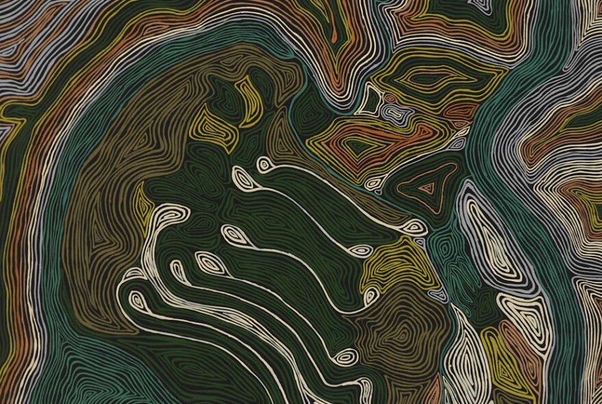Indigenous artwork in ochres, greys and white, with swirling figures and patterns.