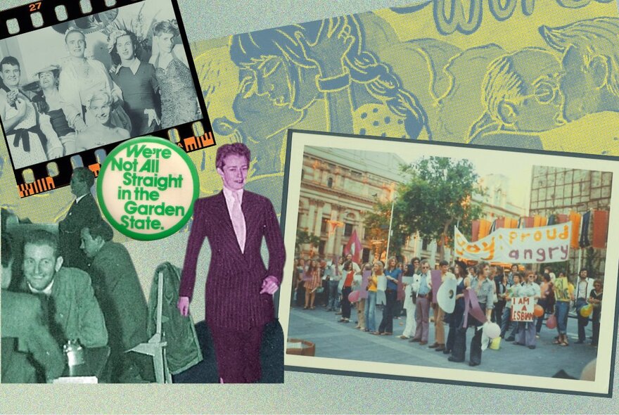 Archival photos and ephemera such as badges from the Australian Queer Archives.