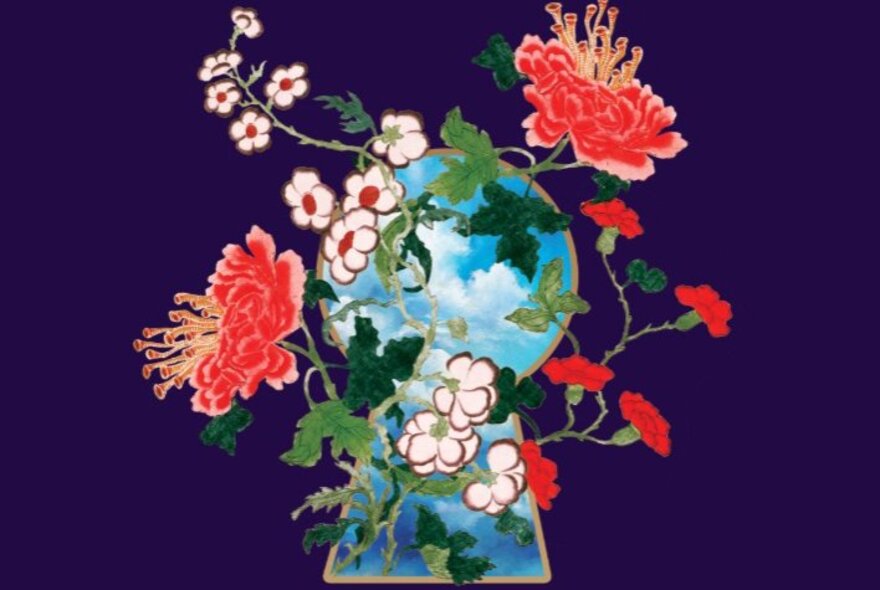 An illustration depicting a large keyhole in a dark blue background, with blue skies and puffy white clouds seen through it, and red and pink flowers and green vines growing out of it.