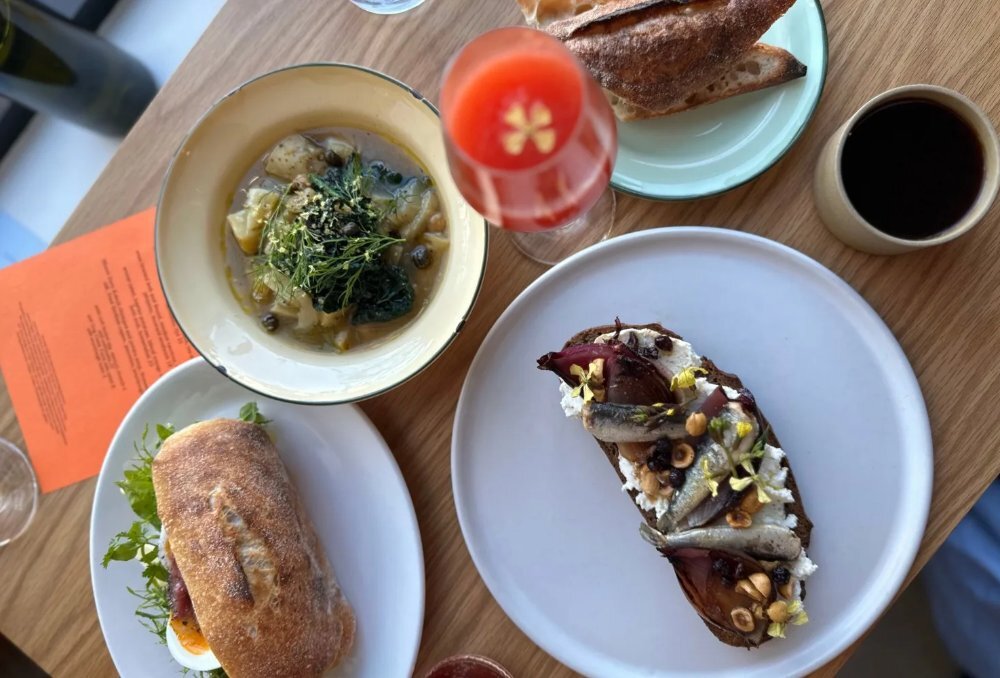 Top-down image of breakfast dishes at cafe on wooden table