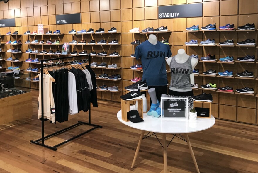 Wall of running shoes with running clothes in foreground.