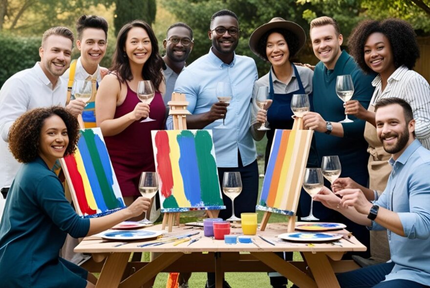 People seated at a table holding glasses of wine with rainbow atworks on easels, other people looking on with glasses of wine.