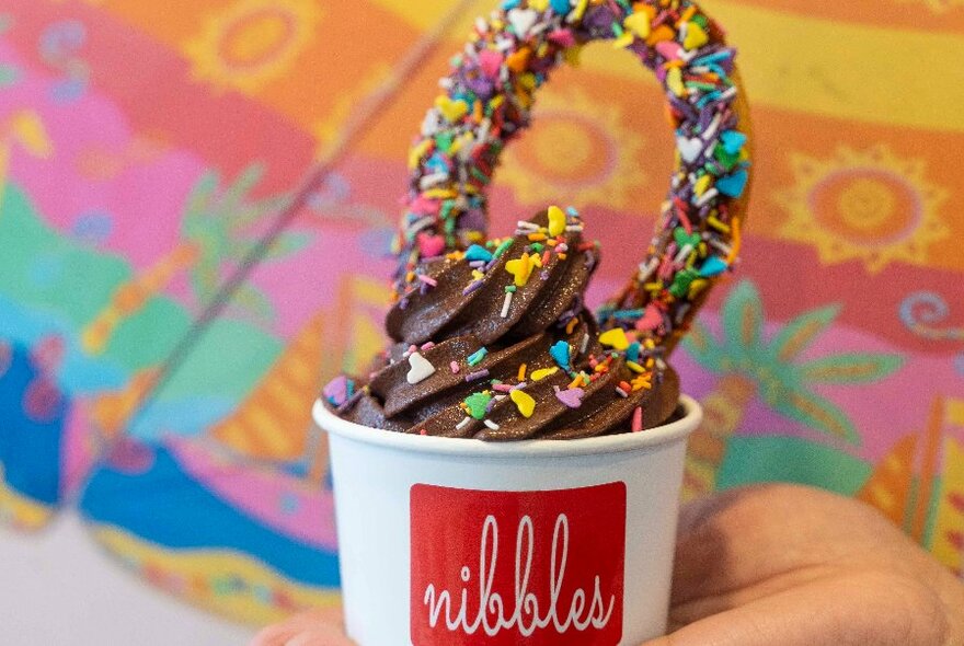 A small white cardboard cup with the word 'Nibbles' written on the outside, filled with chocolate ice cream and a topped with a colourful sweet pretzel.
