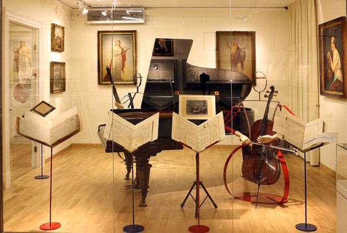 Room full of instruments and paintings.