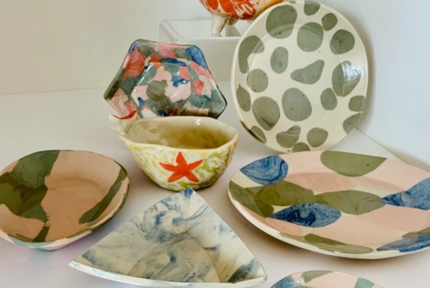 Examples of hand crafted patterned ceramics. 