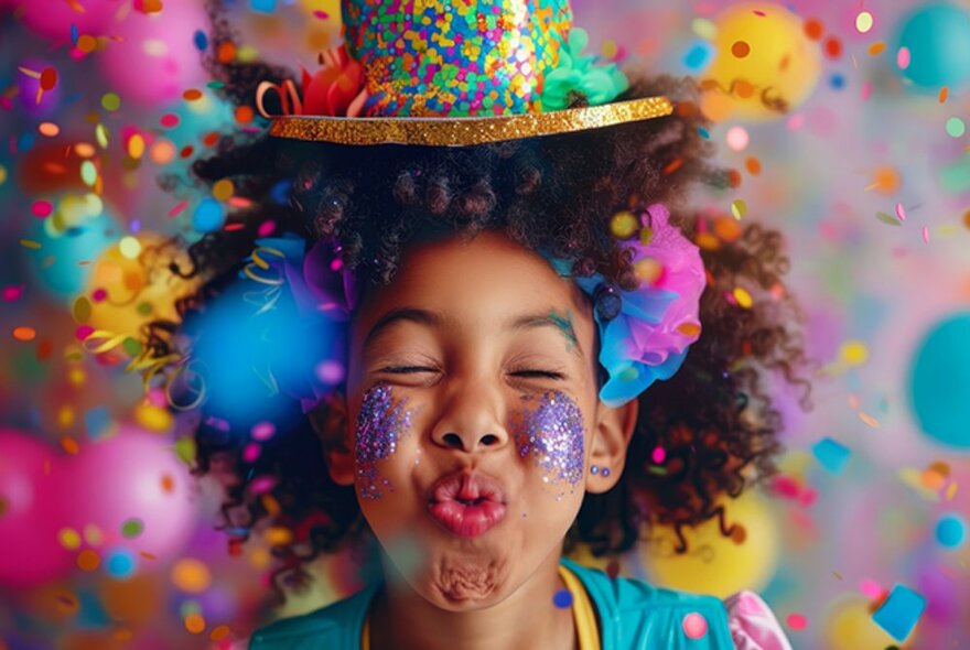 Face of a young child with their cheeks filled with air blowing through their mouth, eyes closed, with colourful confetti swirling in the air in front of them, wearing a glittery sequined party hat.