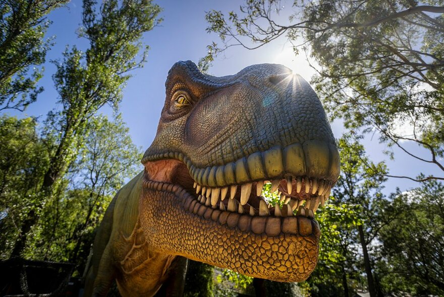 Animatronic T. rex dinosaur head with trees and sun shining in the background.