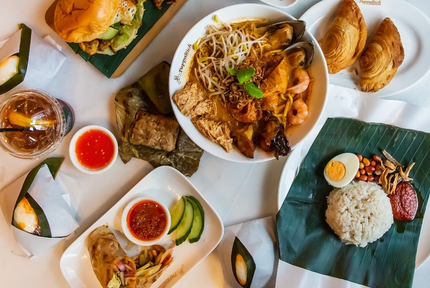 Bird's eye of an array of Malaysian dishes in white crockery on white surface.