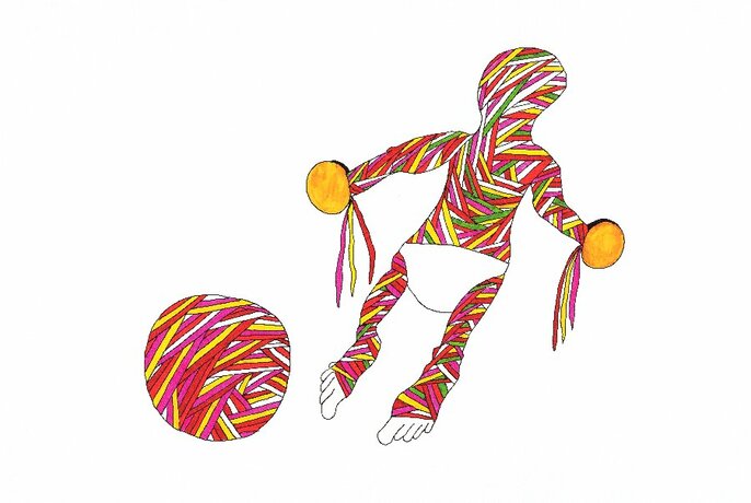 An abstract painting of a multicoloured baby wearing a nappy and a ball of wool.