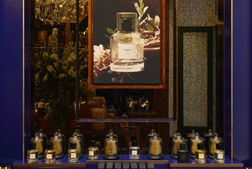 A royal blue display cabinet featuring a selection of fragrances with an image in te middle of a glass perfume bottle.